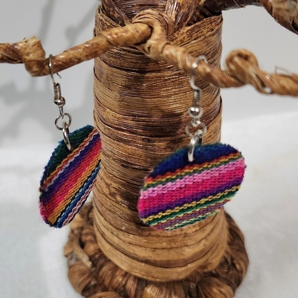 Rainbow Pride Fabric Round Circle Drop Dangle Silver Fish Hook Earrings - Picture 3 of 8